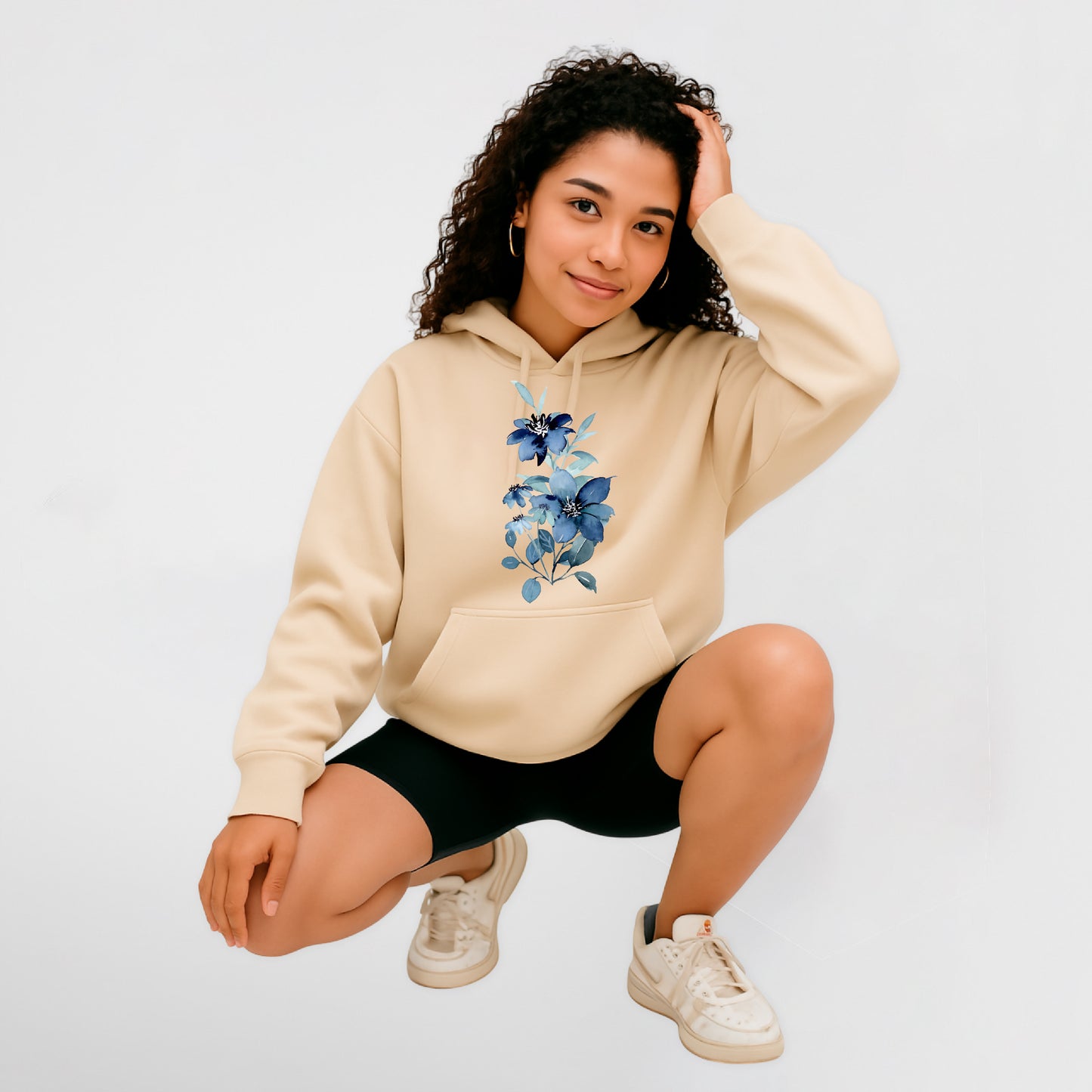 Sudadera con capucha y bolsillo para mujer de algodón - Flores azules estilo vintage