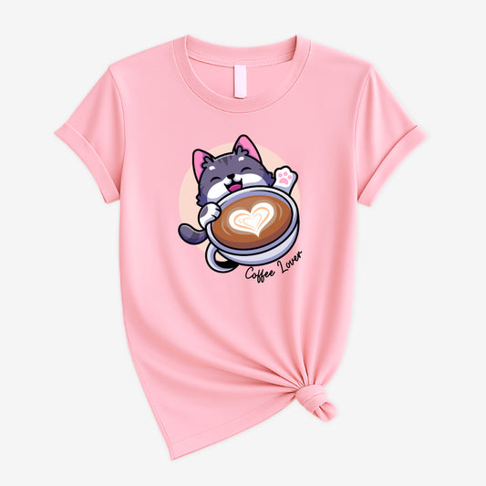 Camiseta de algodón para mujer - Para los amantes de los gatos y el café