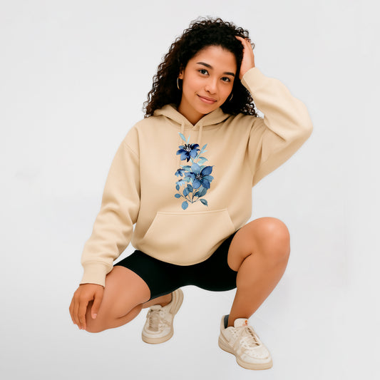 Sudadera con capucha y bolsillo para mujer de algodón - Flores azules estilo vintage